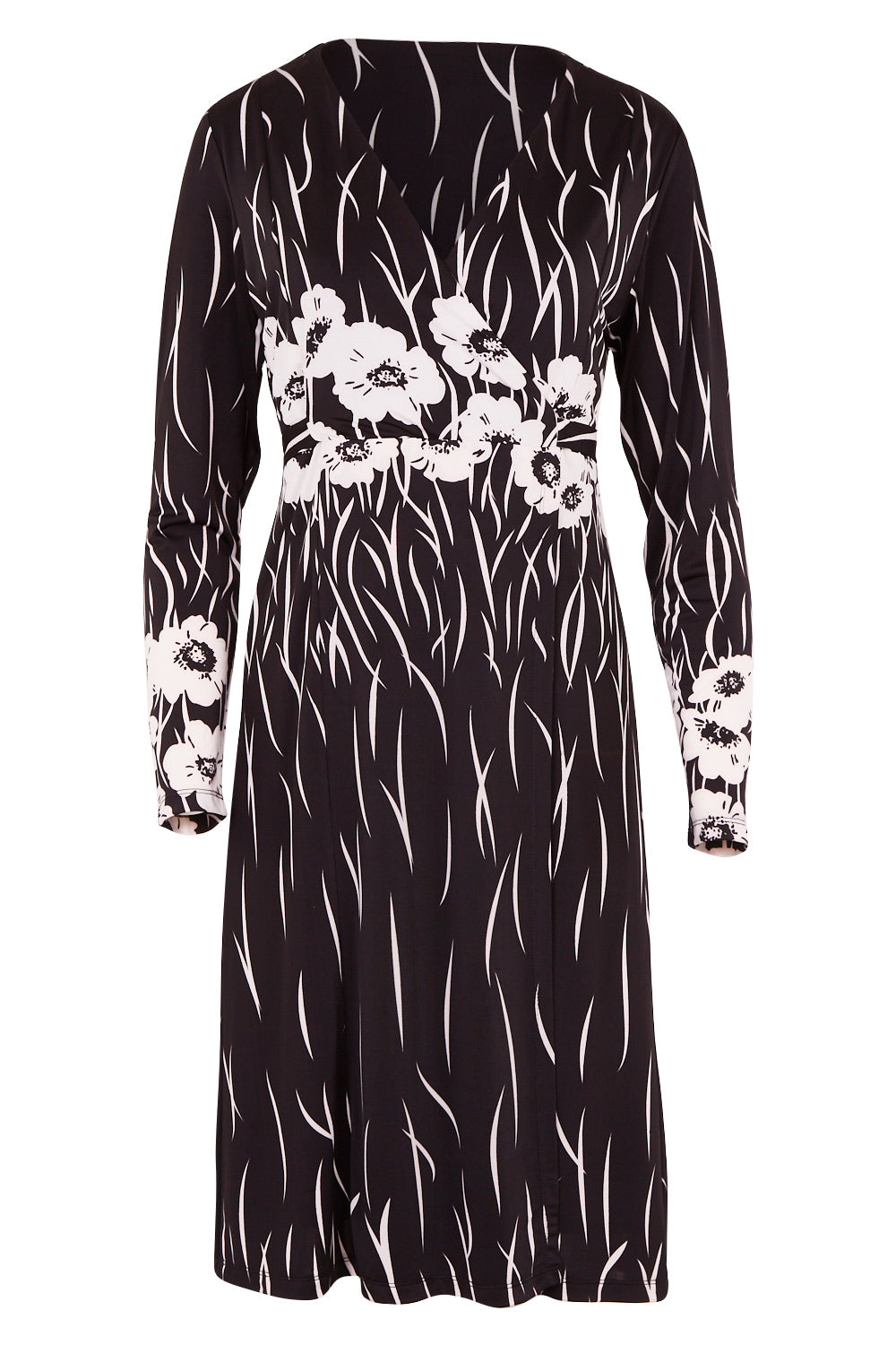 Product shot of the Wrap Dress in colour BlackIvory (Black), from the front