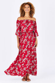 Model Summer wearing size 10 of the Floral Off The Shoulder Dress in colour Red (Red), from the front, showing the whole outfit