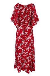 Product shot of the Floral Off The Shoulder Dress in colour Red (Red), from the back