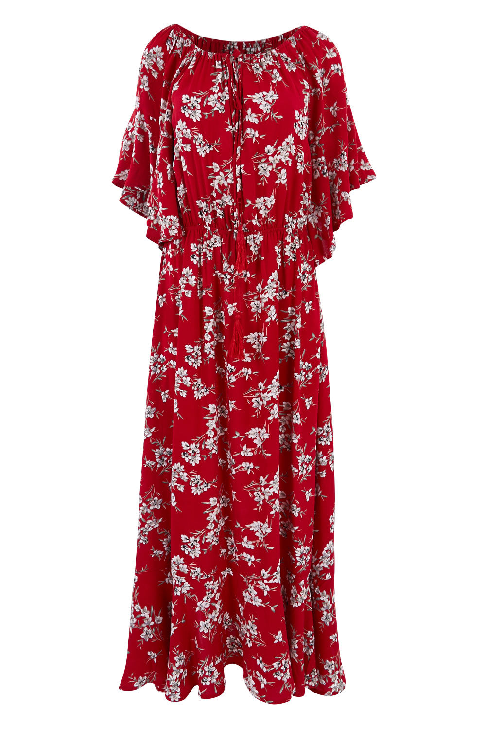 Product shot of the Floral Off The Shoulder Dress in colour Red (Red), from the front