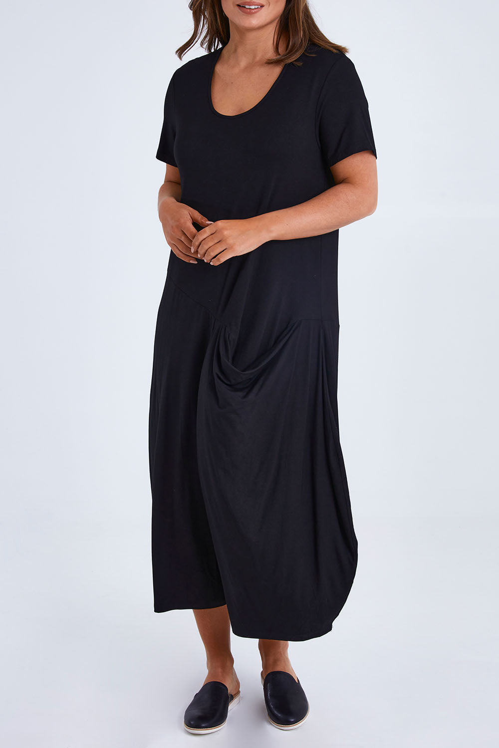 Model Monique wearing size 14 of the Summer Cotton Blend Pocket Dress in colour Black (Black), from the front, cropped image