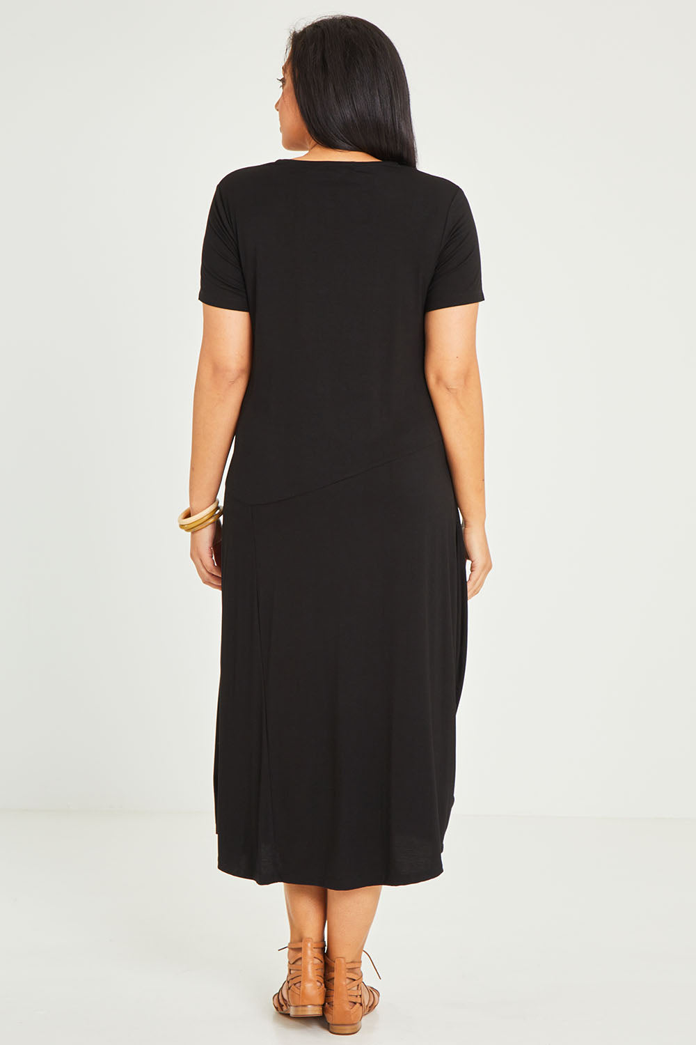 Model Terri-Leigh wearing size 14 of the Summer Cotton Blend Pocket Dress in colour Black (Black), from the back