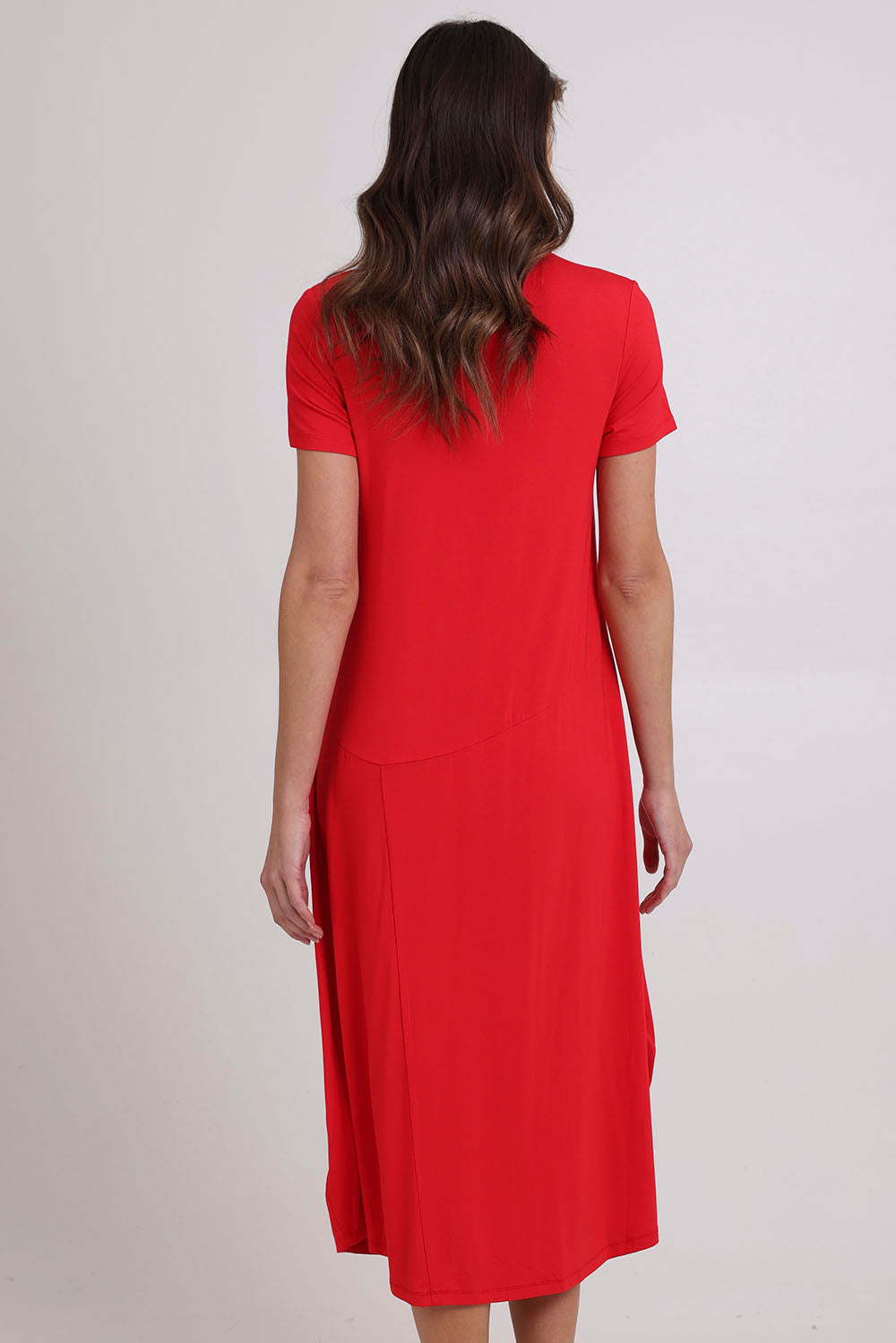 Model Madeline wearing size 10 of the Summer Cotton Blend Pocket Dress in colour Red (Red), from the back