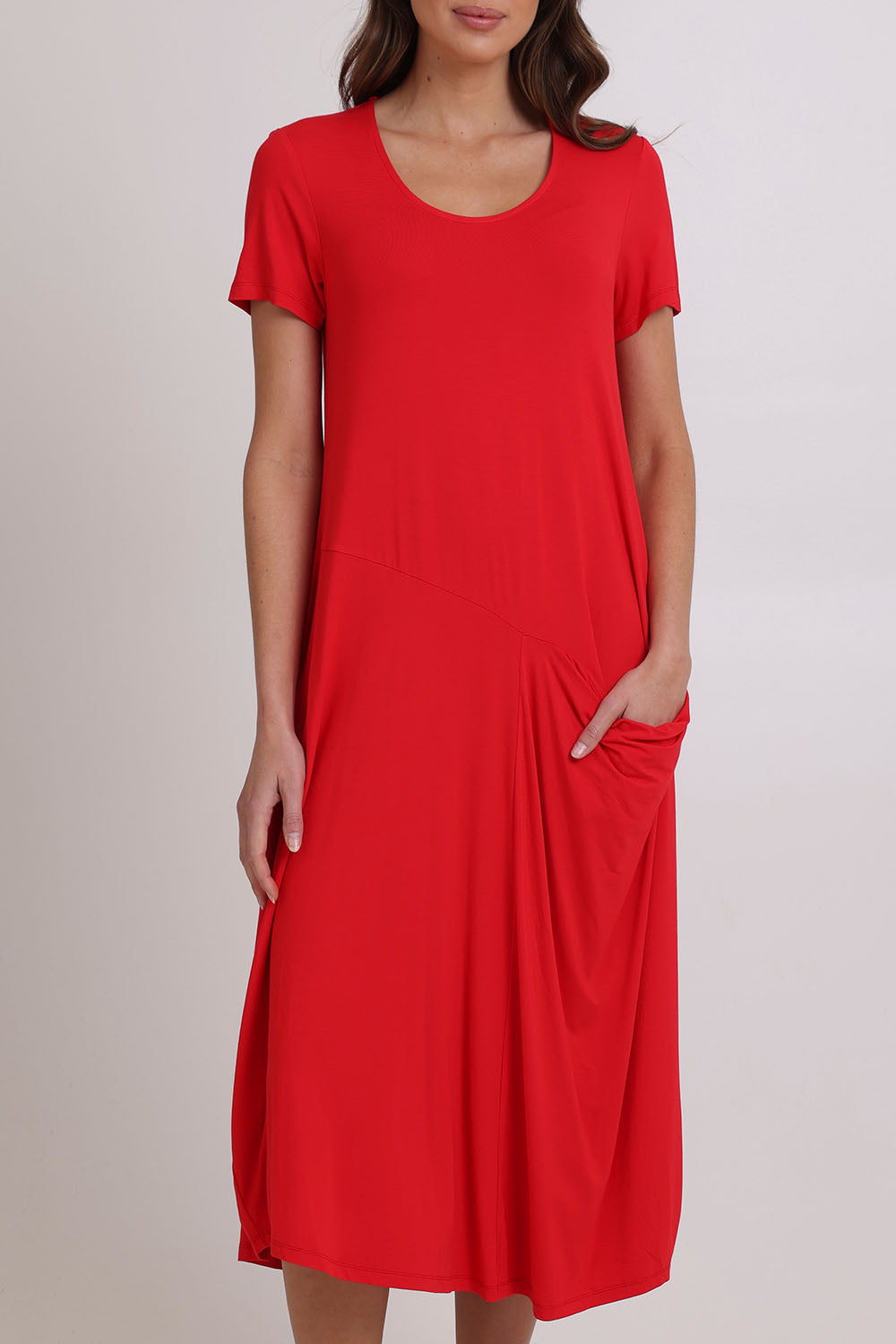 Model Madeline wearing size 10 of the Summer Cotton Blend Pocket Dress in colour Red (Red), from the front, cropped image