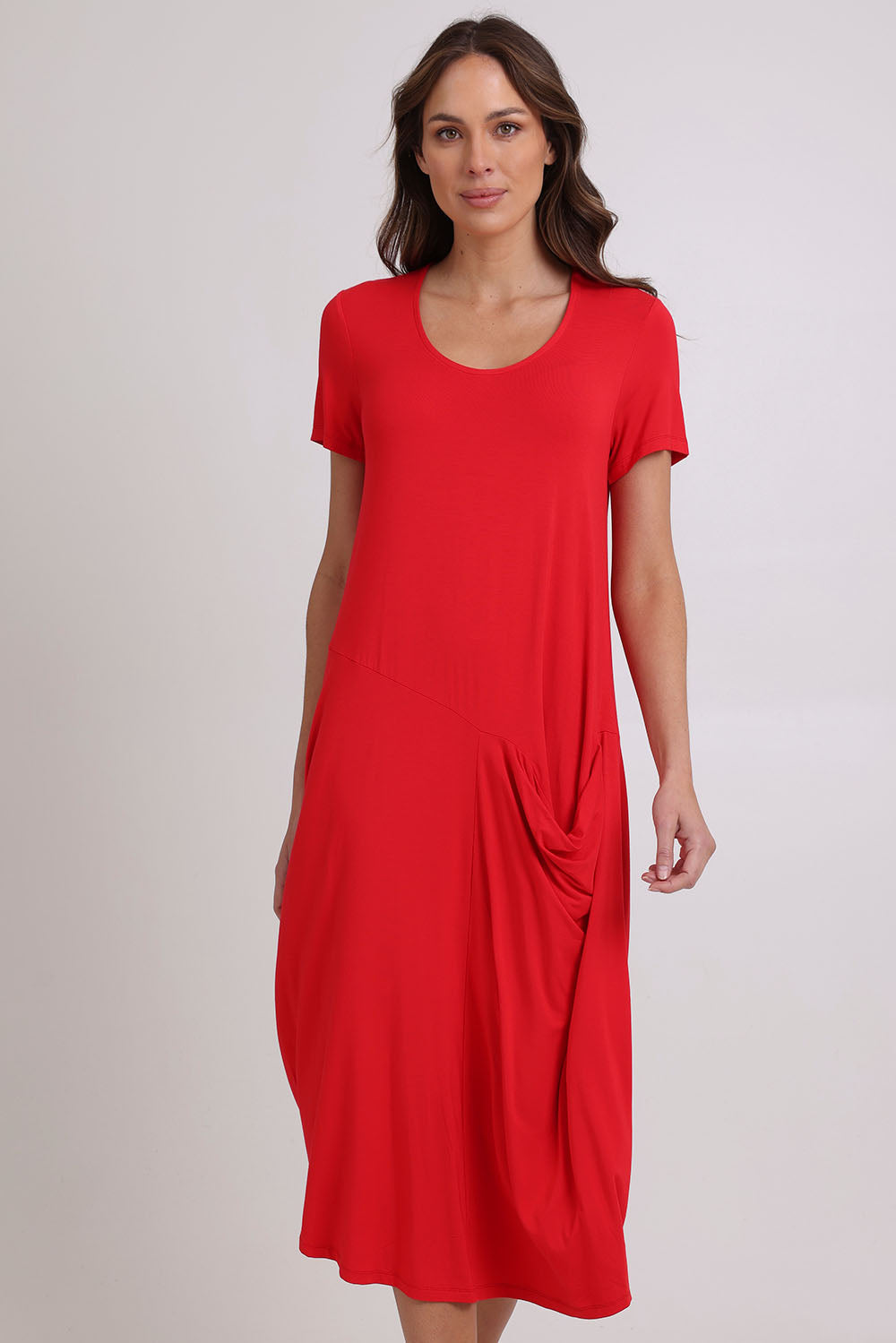 Model Madeline wearing size 10 of the Summer Cotton Blend Pocket Dress in colour Red (Red), from the front, cropped image