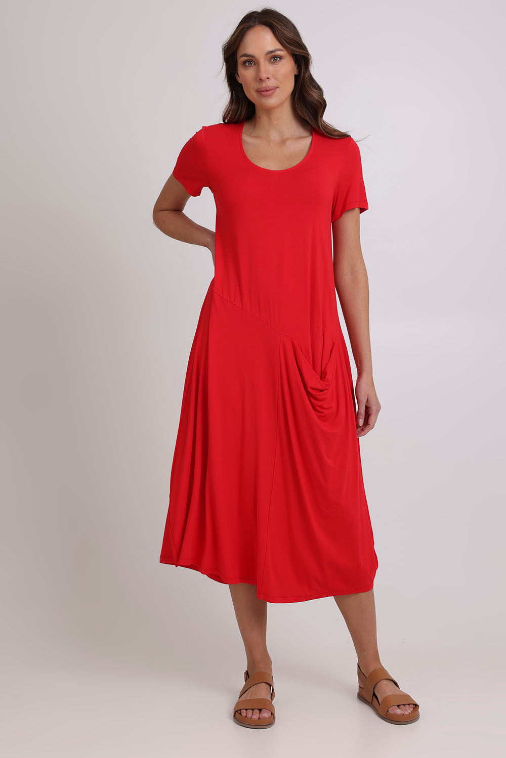 Model Madeline wearing size 10 of the Summer Cotton Blend Pocket Dress in colour Red (Red), from the front, showing the whole outfit