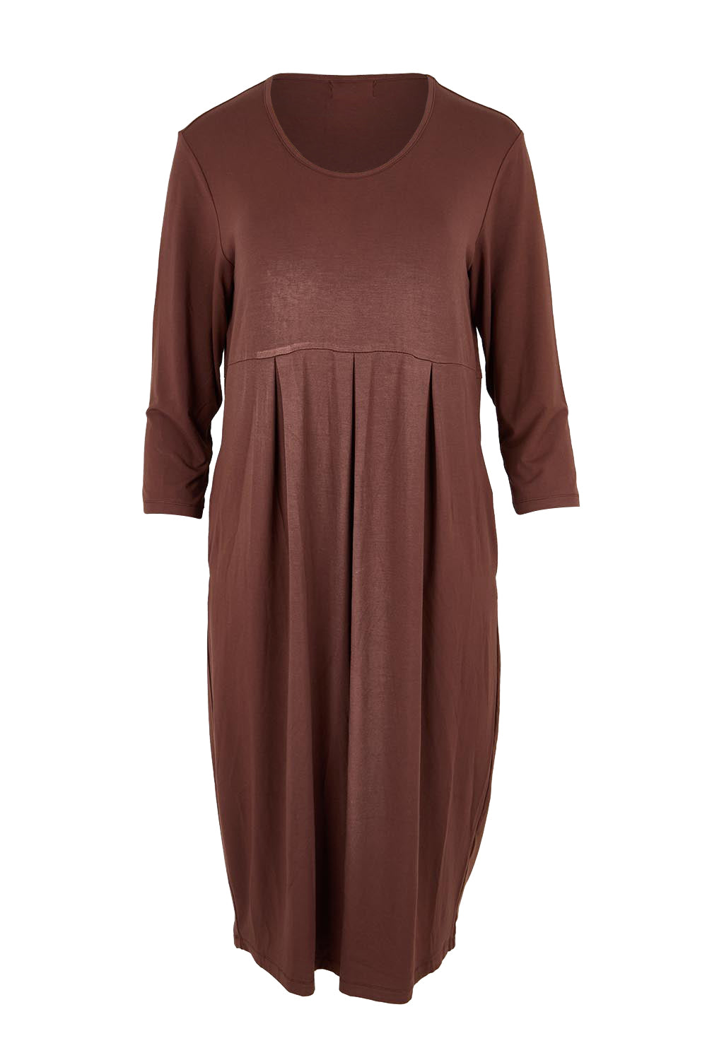 Product shot of the Box Pleat Dress – Choc in colour Choc, from the front