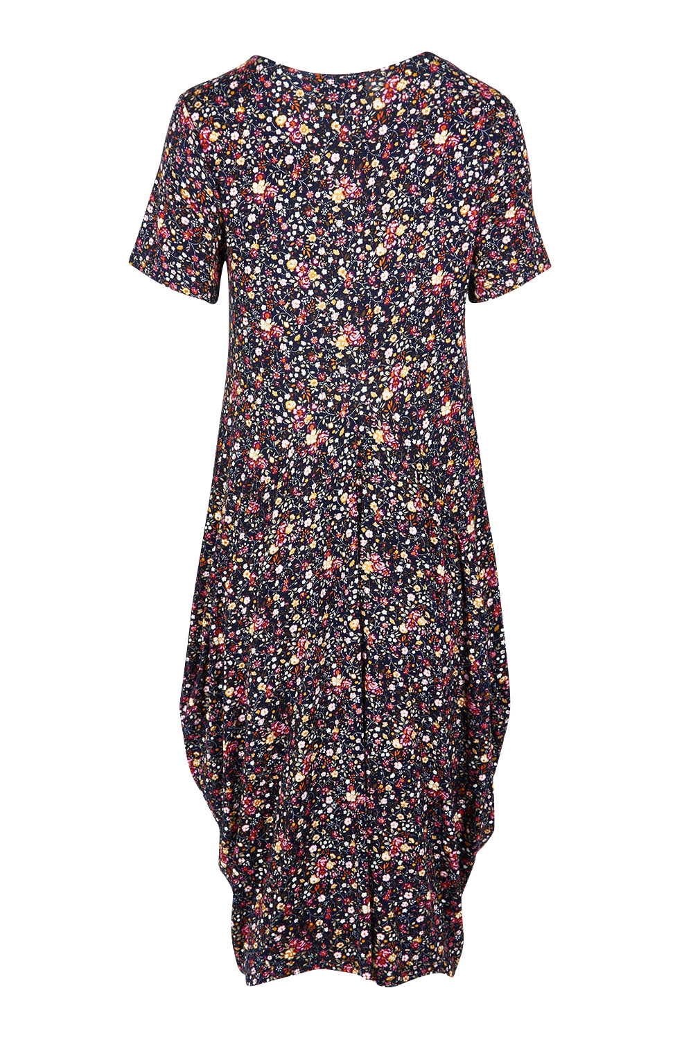 Product shot of the Cap Sleeve Bounce Dress in colour Floral (Black), from the back