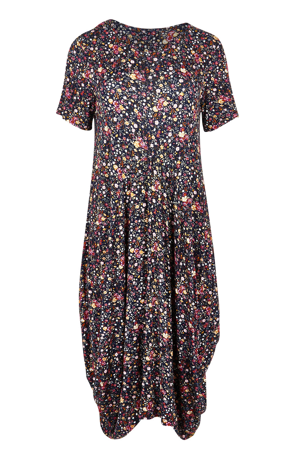 Product shot of the Cap Sleeve Bounce Dress in colour Floral (Black), from the front
