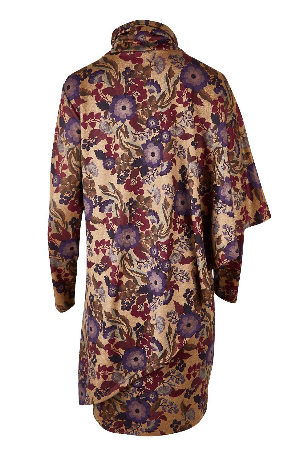 Product shot of the Printed Cape Dress in colour Plum, from the back
