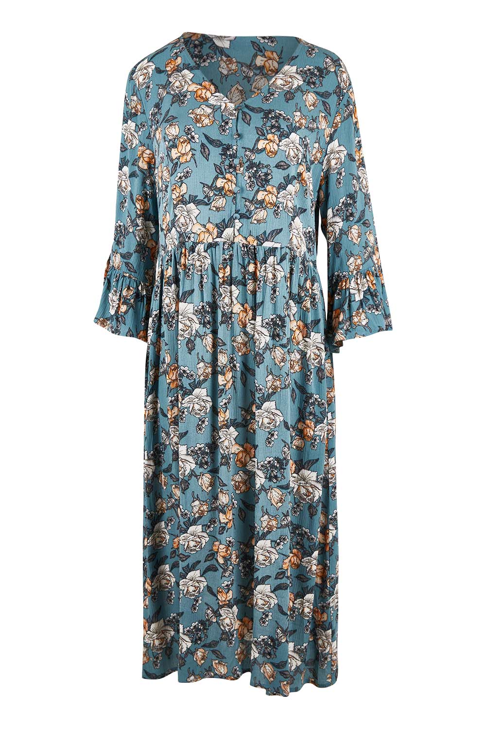 Product shot of the Gemma Ruffle Dress in colour Mint (Green), from the front