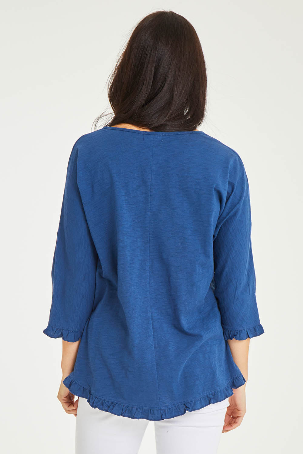 Model Stacey wearing size 10 of the Ruffle 3/4 Sleeve Top in colour Navy (White), from the back