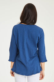 Model Stacey wearing size 10 of the Ruffle 3/4 Sleeve Top in colour Navy (White), from the back
