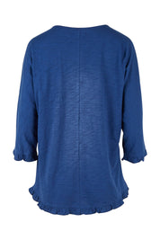 Product shot of the Ruffle 3/4 Sleeve Top in colour Navy (White), from the back