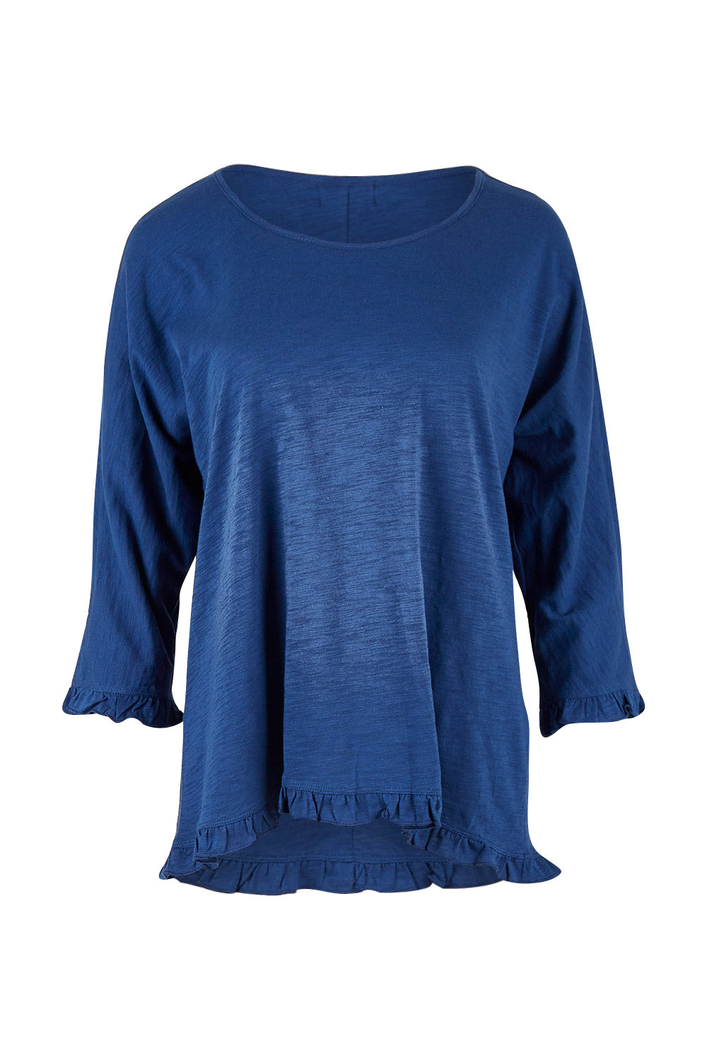 Product shot of the Ruffle 3/4 Sleeve Top in colour Navy (White), from the front