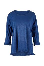 Product shot of the Ruffle 3/4 Sleeve Top in colour Navy (White), from the front