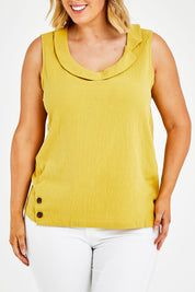 Model Jess wearing size 14 of the Upcycle Cowly Top in colour Sunflower, from the front, cropped image