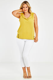 Model Jess wearing size 14 of the Upcycle Cowly Top in colour Sunflower, from the front, showing the whole outfit