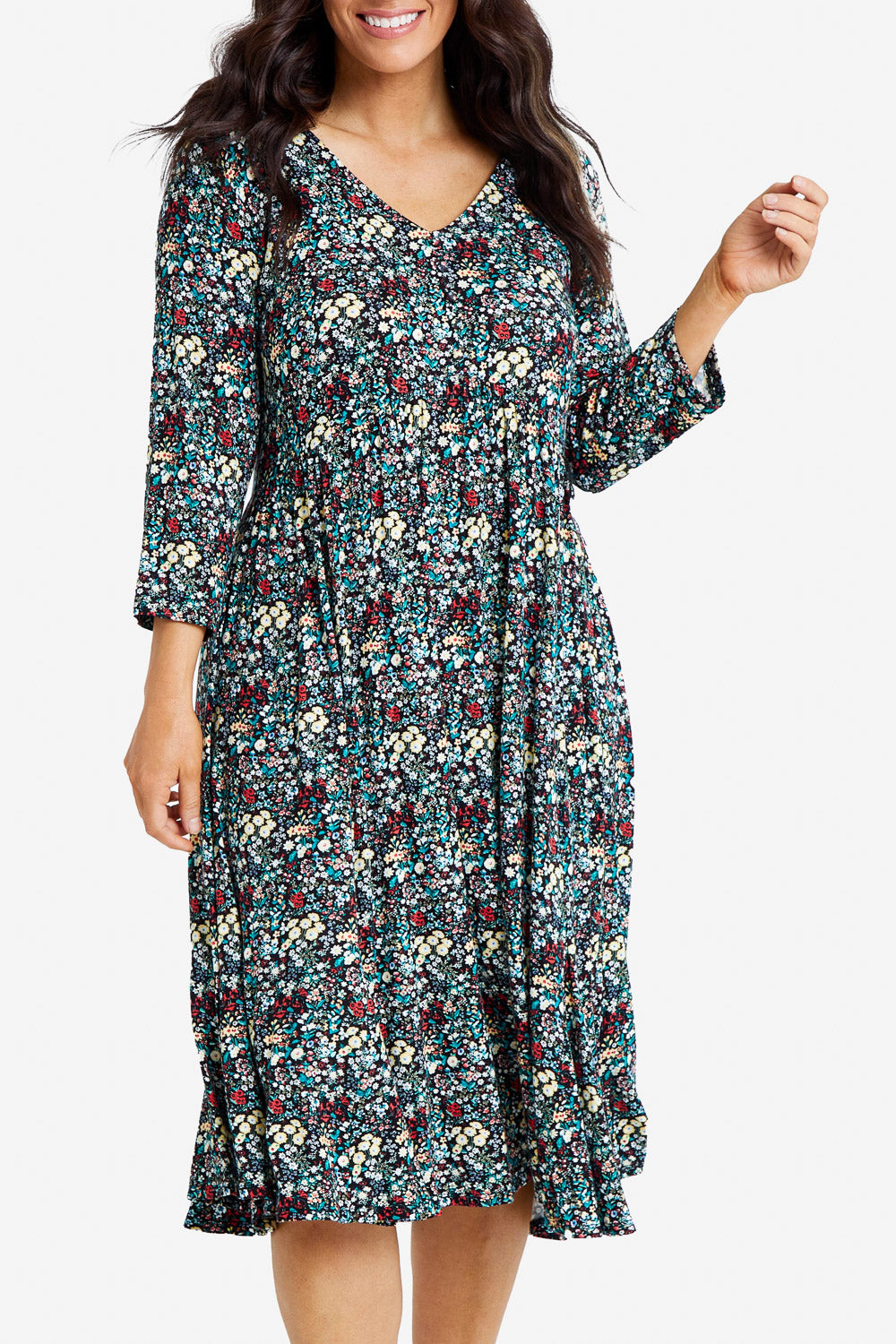 Model Laura wearing size 14 of the Jessie 3/4 Sleeve Dress in colour Ditsy (Blue), from the front, cropped image