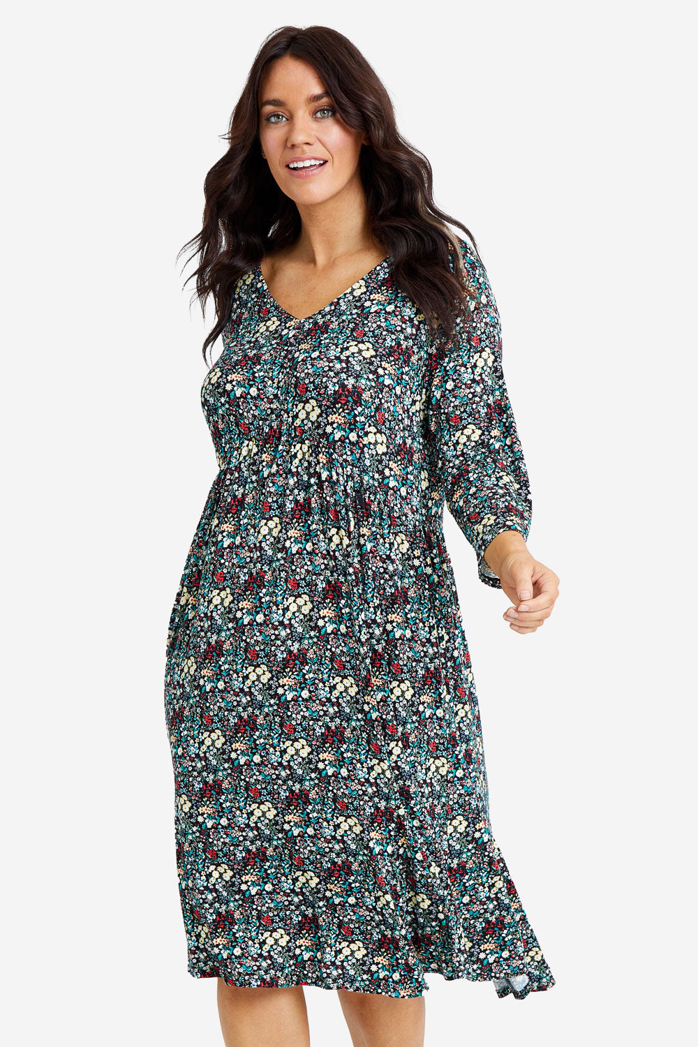Model Laura wearing size 14 of the Jessie 3/4 Sleeve Dress in colour Ditsy (Blue), from the front, cropped image