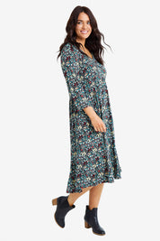 Model Laura wearing size 14 of the Jessie 3/4 Sleeve Dress in colour Ditsy (Blue), from the front, showing the whole outfit