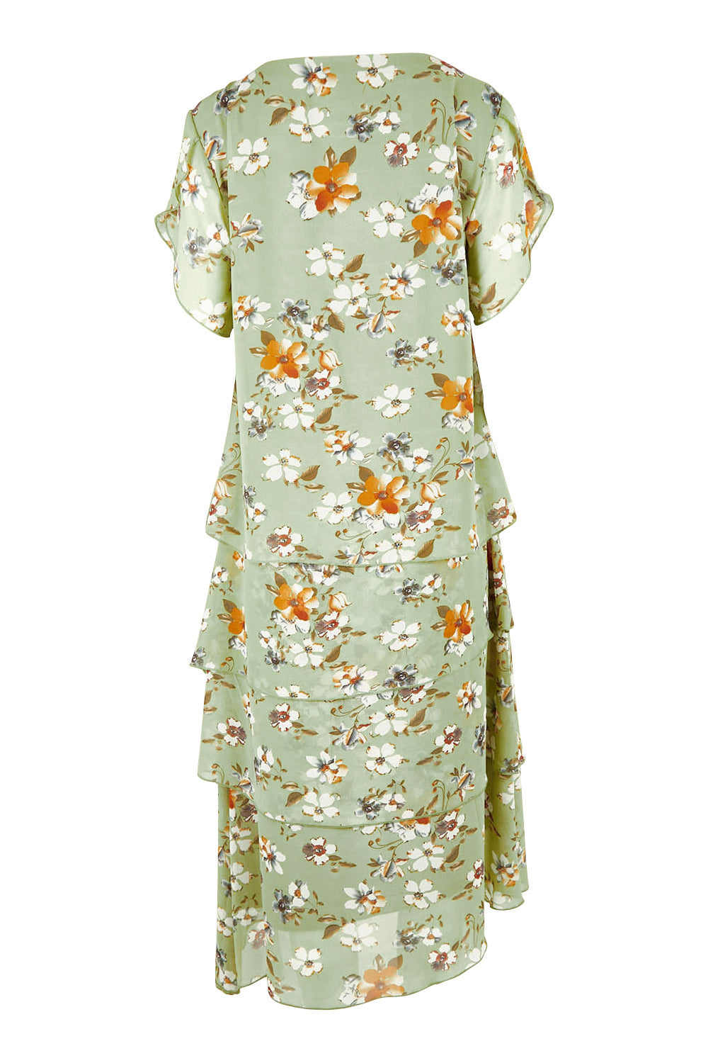 Product shot of the Floral Tiers Print Dress in colour Sage (Green), from the back