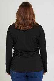 Model Monique wearing size 14 of the Ruched Sides Shirt in colour Black (Black), from the back