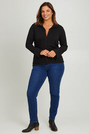 Model Monique wearing size 14 of the Ruched Sides Shirt in colour Black (Black), from the front, showing the whole outfit