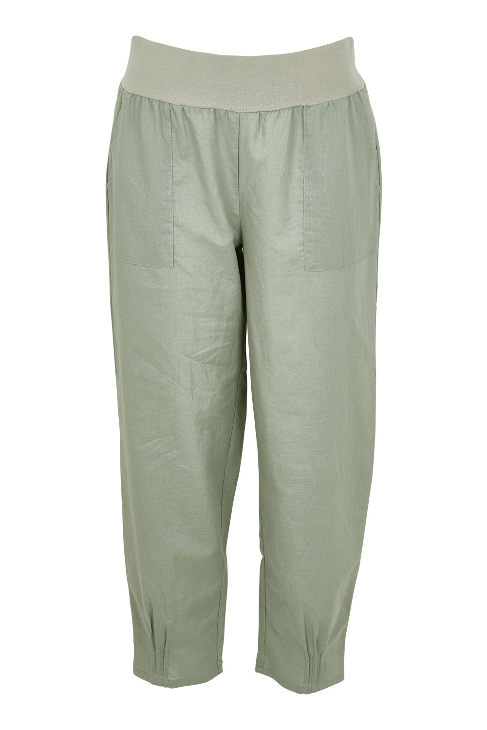 Product shot of the Cotton Linen Comfort Pant in colour Sage (Green), from the front