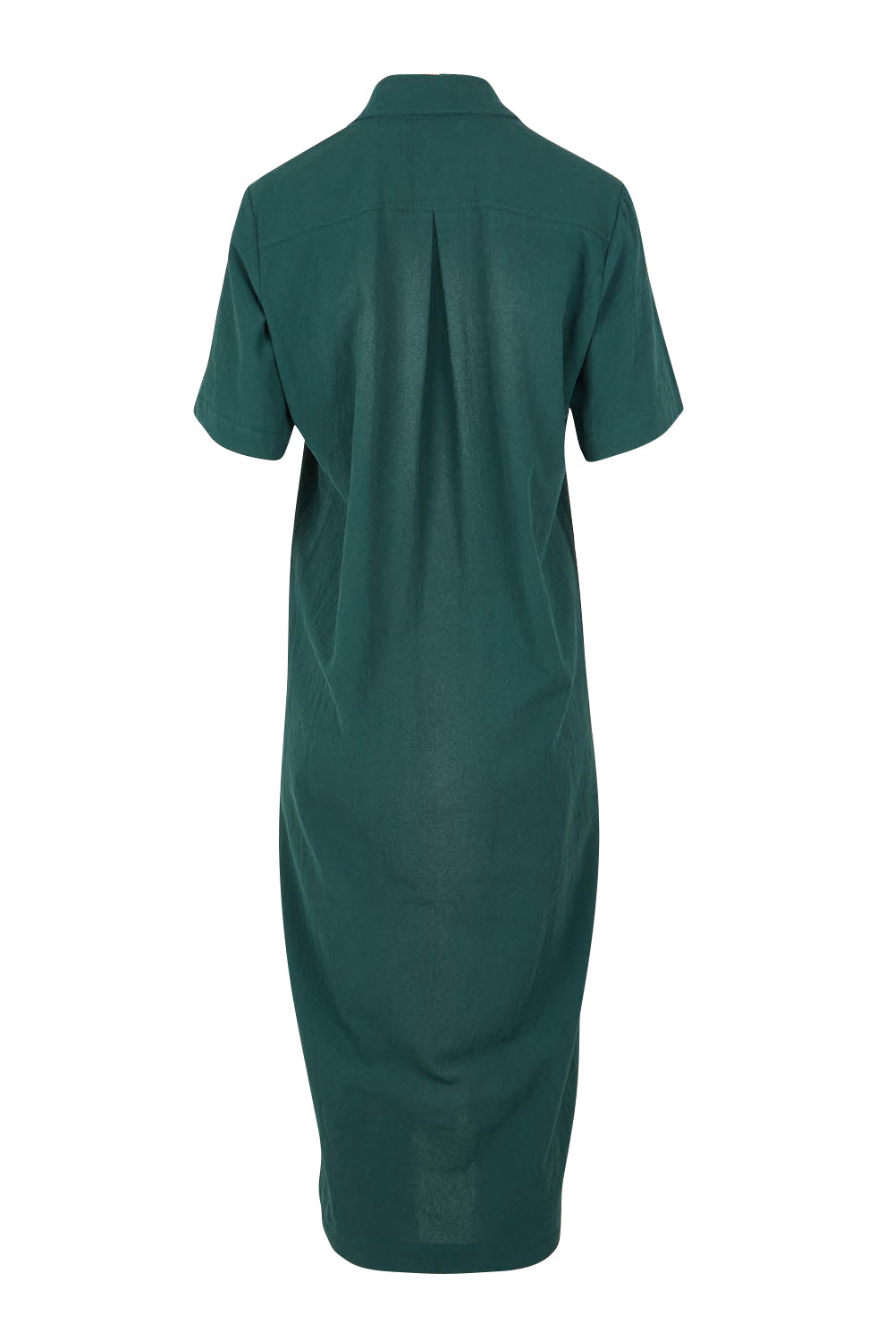 Product shot of the Top Stitch Cotton Shirt Dress in colour Forest (Green), from the back