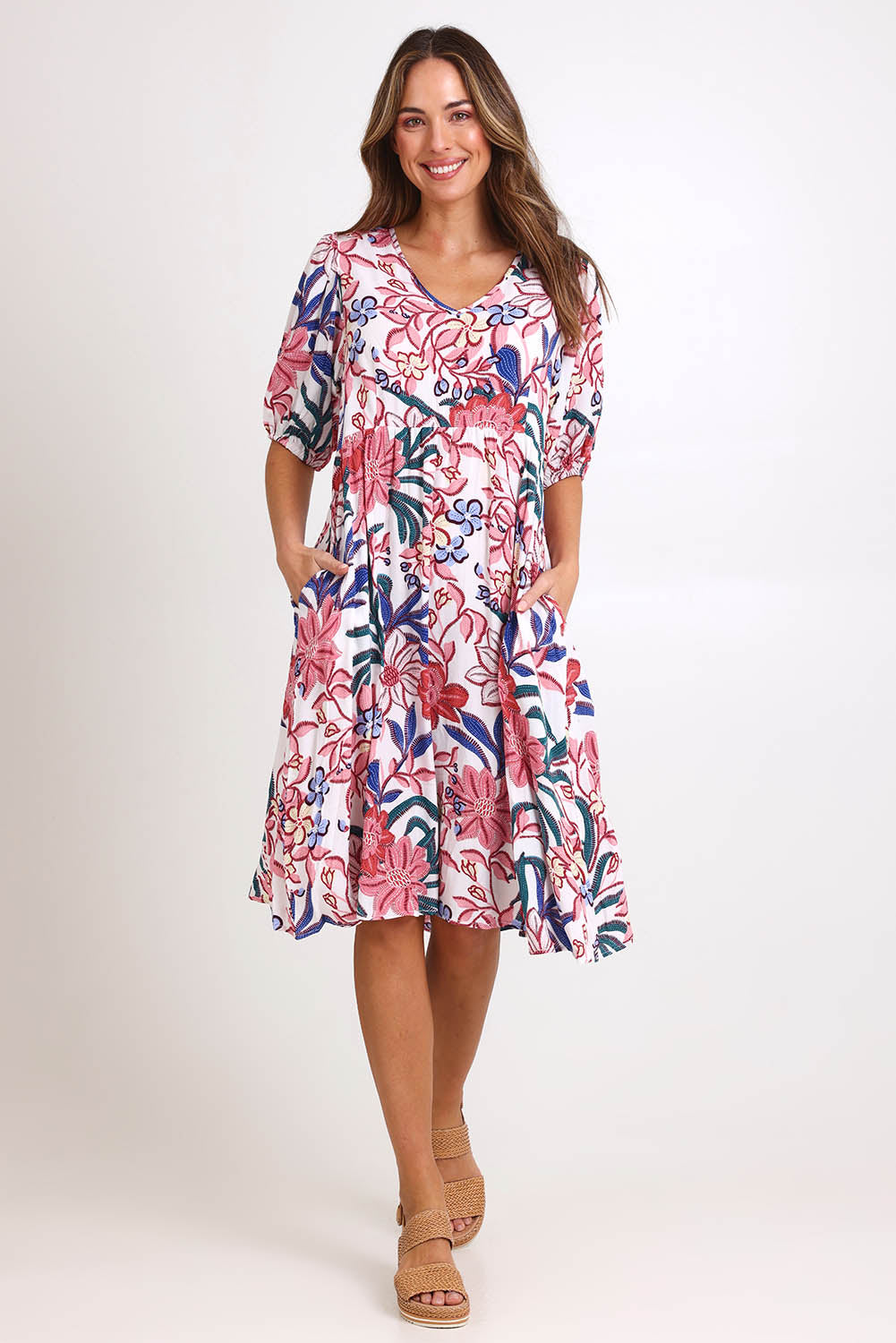 Model Madelinec wearing size 10 of the Billow Pocket Print Dress – Pink in colour Pink, from the front