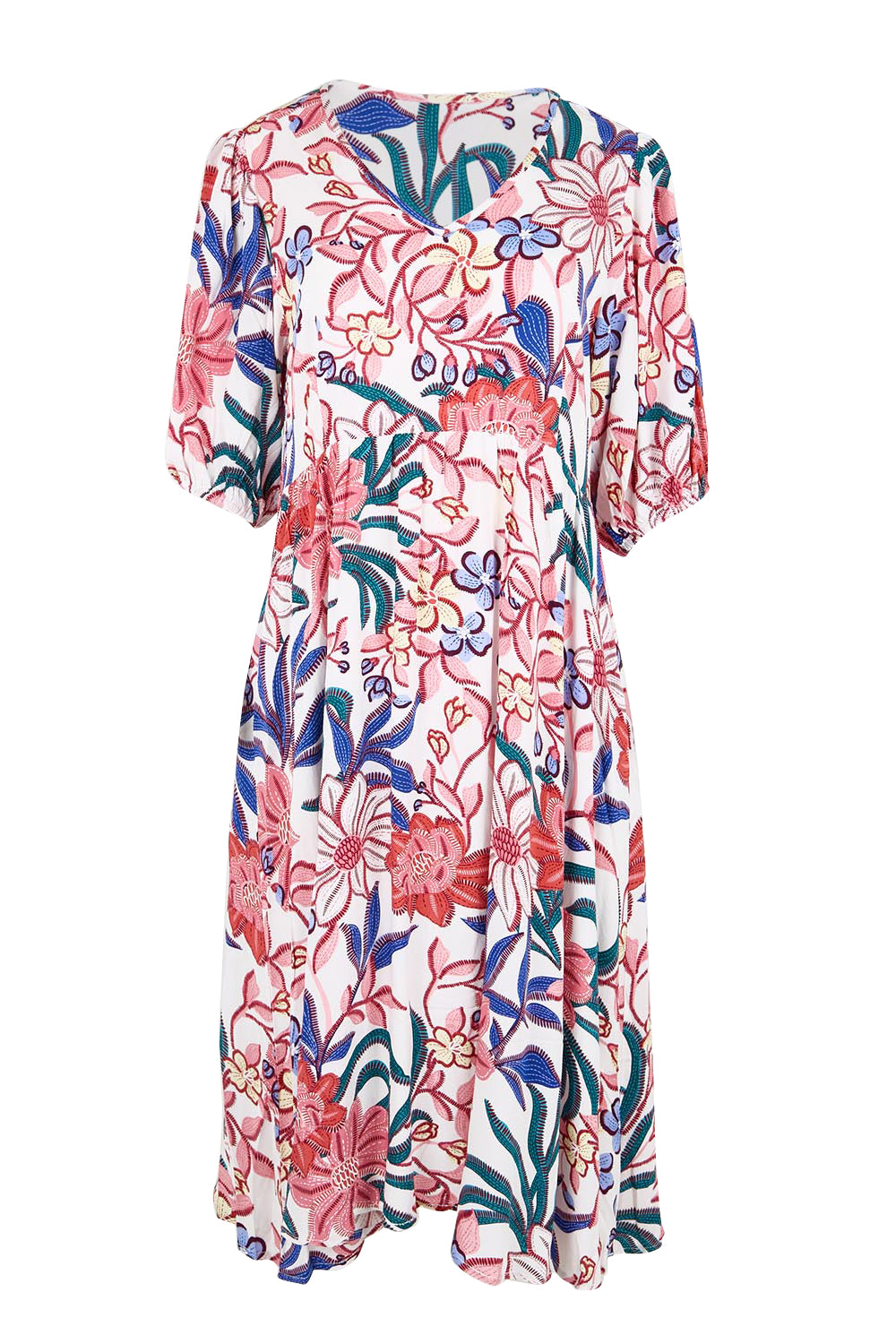 Product shot of the Billow Pocket Print Dress – Pink in colour Pink, from the front