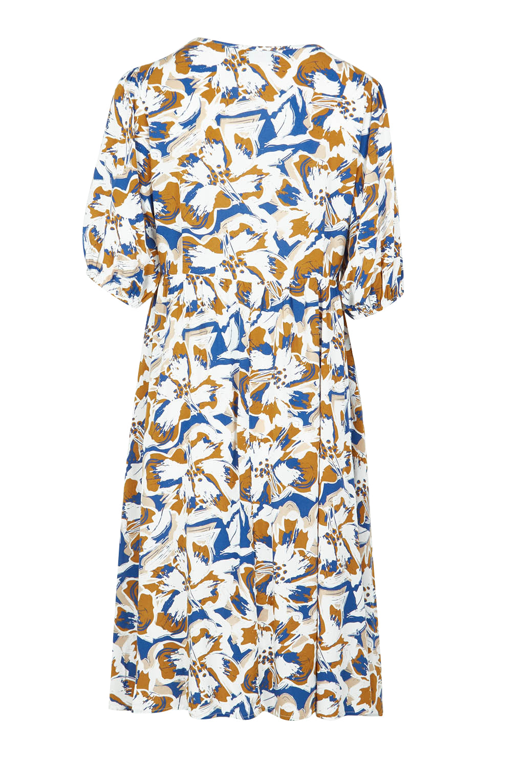Product shot of the Billow Pocket Print Dress in colour Toffee (Blue), from the back