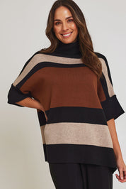 Model Madeline wearing size OneSize of the Stripe Polo Knit Pullover in colour Coffee, from the front, cropped image