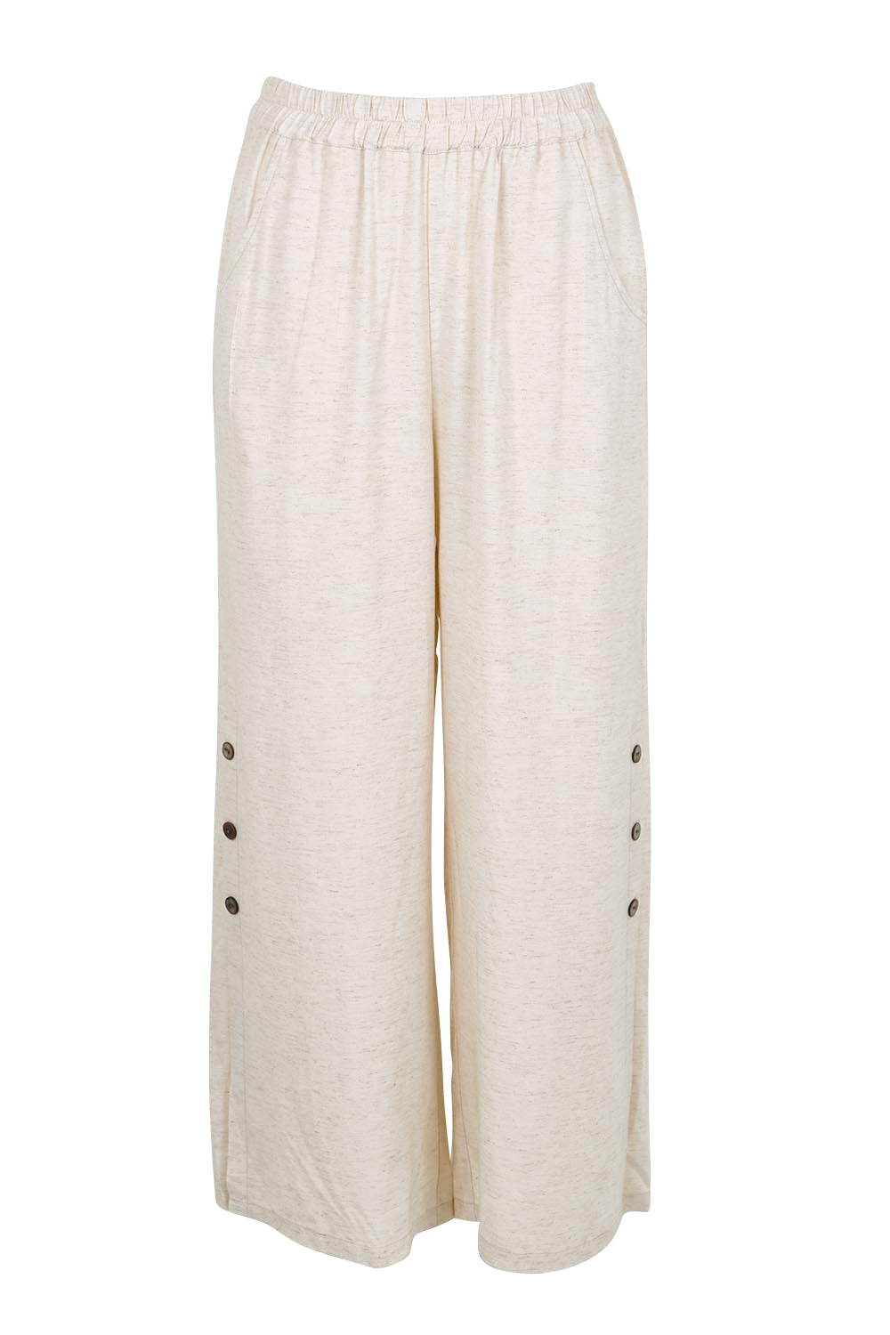 Product shot of the Linen Shores Pant – Sand in colour Sand, from the front