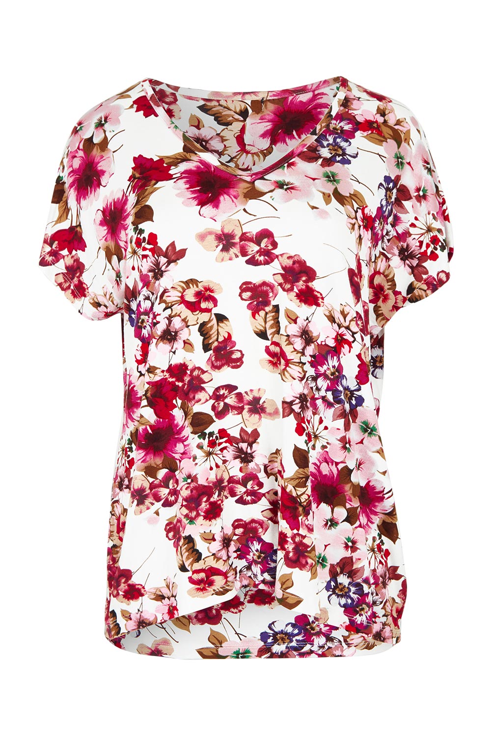 Product shot of the Perfect Vee Tee in colour Floral (Pink), from the front