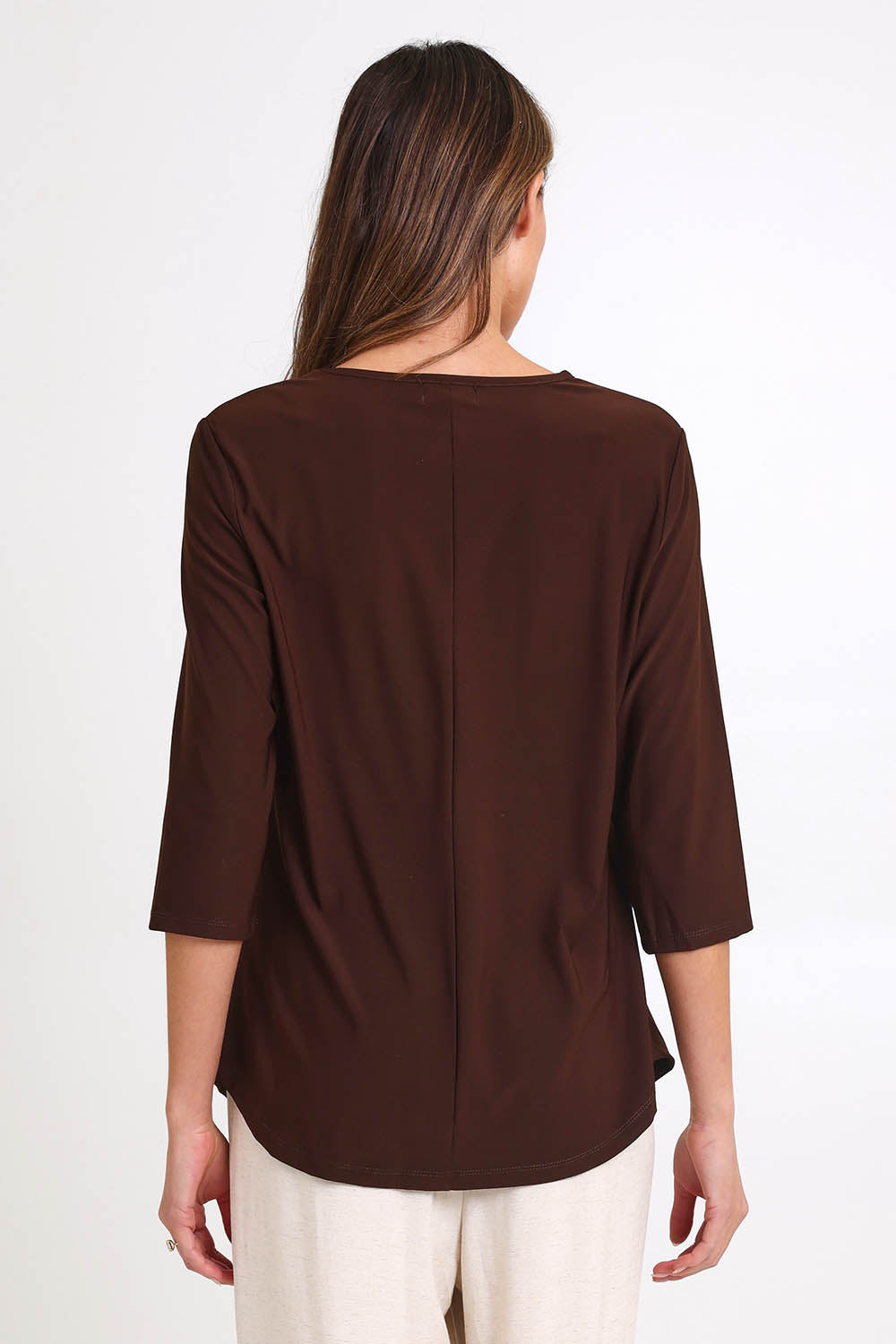 Model Madelinec wearing size 10 of the Ring Top – Choc in colour Choc, from the back
