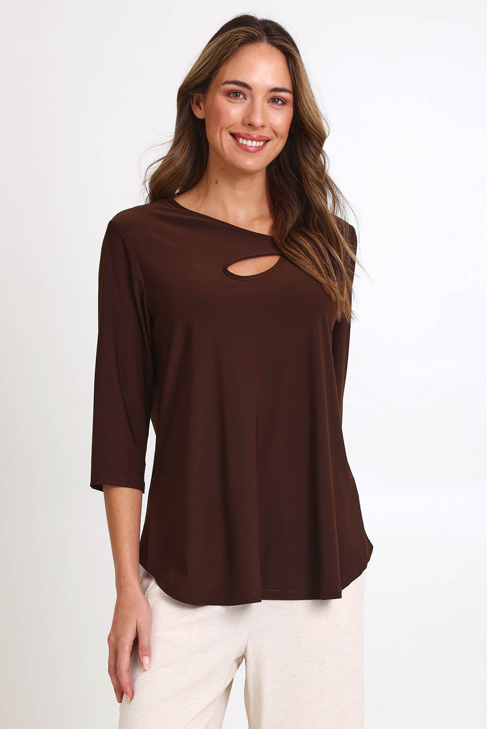 Model Madelinec wearing size 10 of the Ring Top – Choc in colour Choc, in a cropped view
