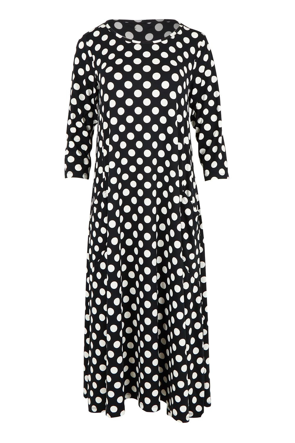Product shot of the Swing Season Dress in colour Spot (Blue), from the front