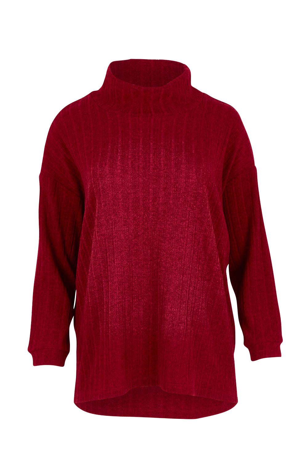 Product shot of the Knit Core Loose Cowl Top in colour Ruby (Red), from the front