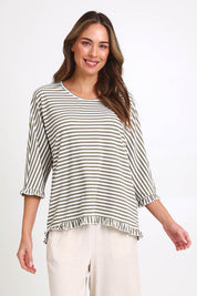 Model Madelinec wearing size 10 of the Stripe Ruffle Top – Bark in colour Bark, in a cropped view