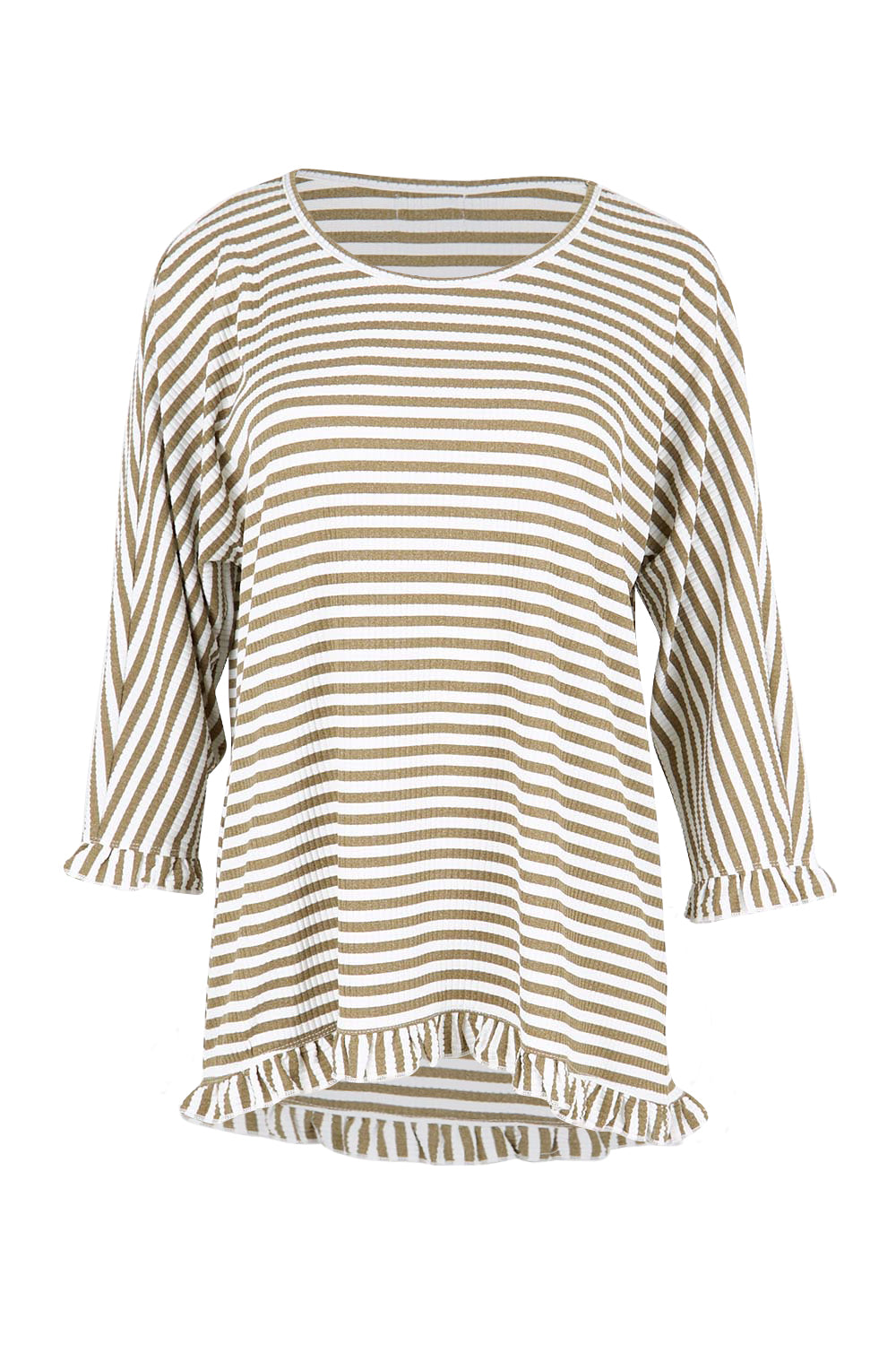 Product shot of the Stripe Ruffle Top – Bark in colour Bark, from the front