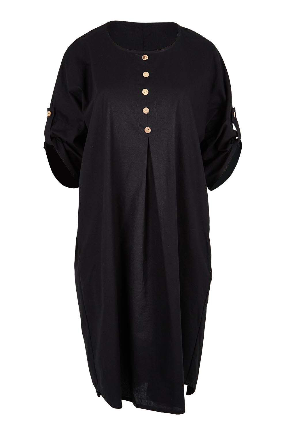 Product shot of the Invert Cotton Linen Blend Dress – Black in colour Black, showing detail