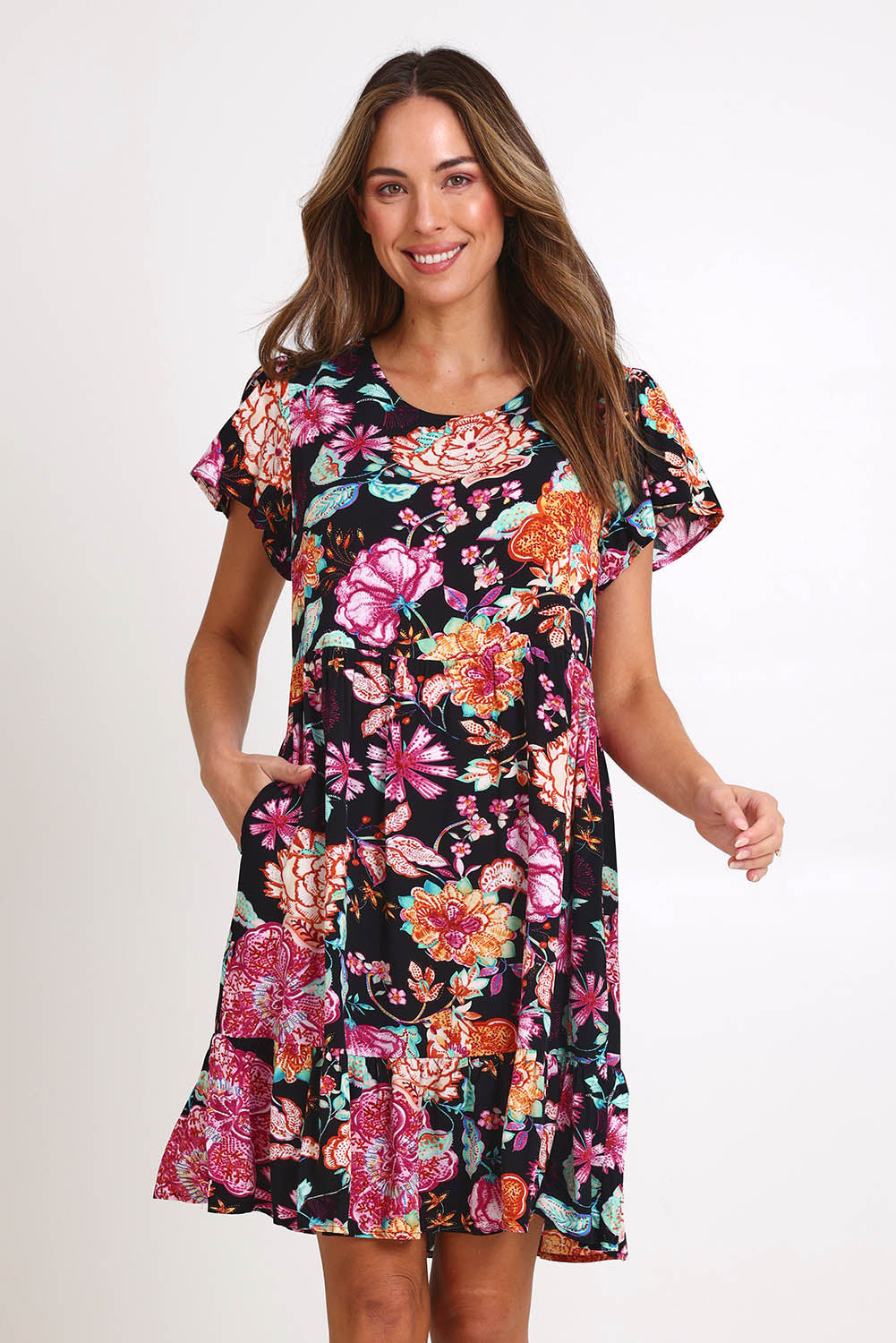 Model Madelinec wearing size 10 of the Heatwave Dress – Black in colour Black, in a cropped view