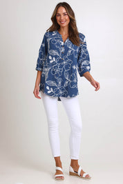 Model Madelinec wearing size 10 of the Embroidered Button Top – Blue in colour Blue, from the front
