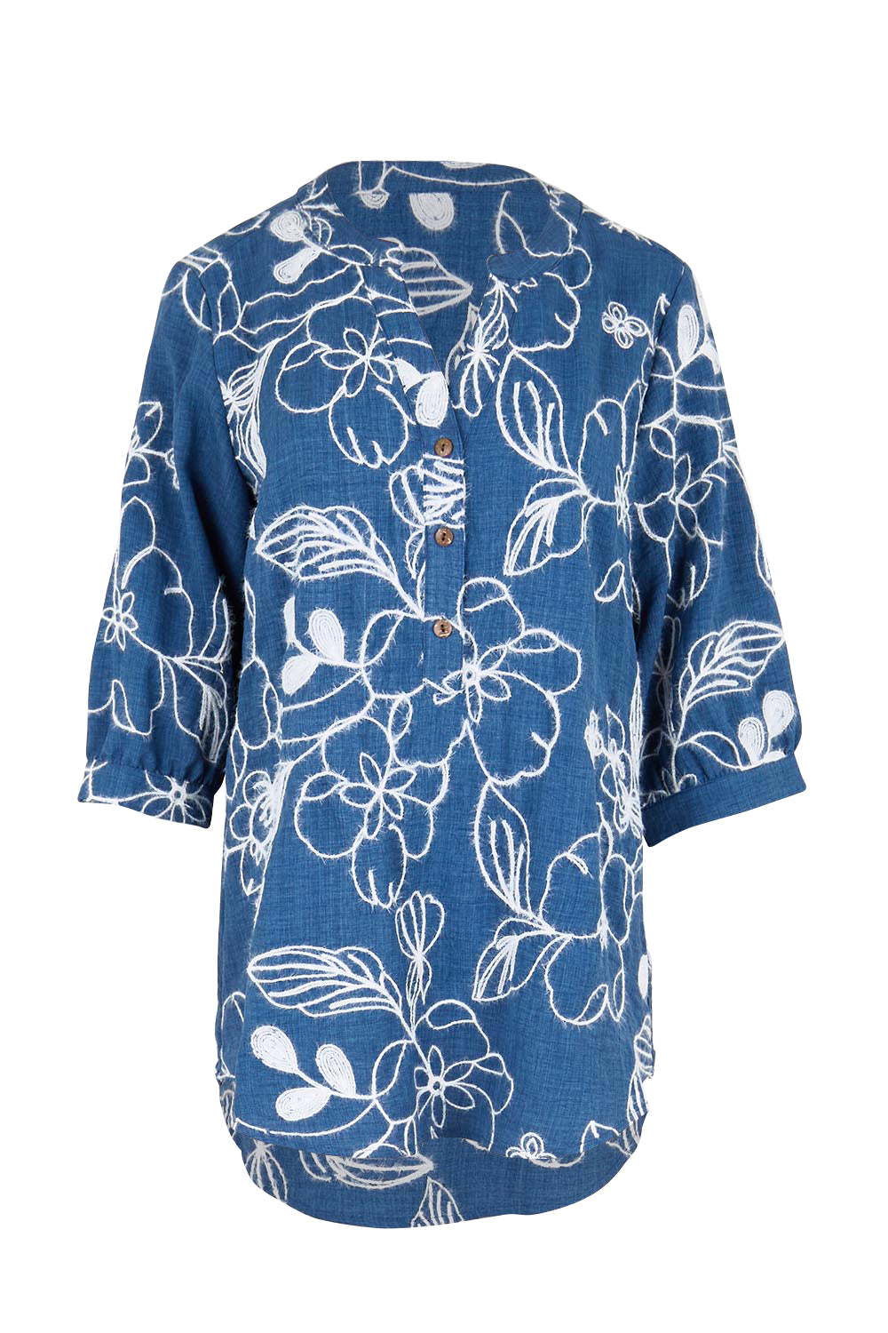 Product shot of the Embroidered Button Top – Blue in colour Blue, from the front