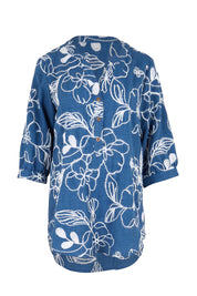 Product shot of the Embroidered Button Top – Blue in colour Blue, from the front