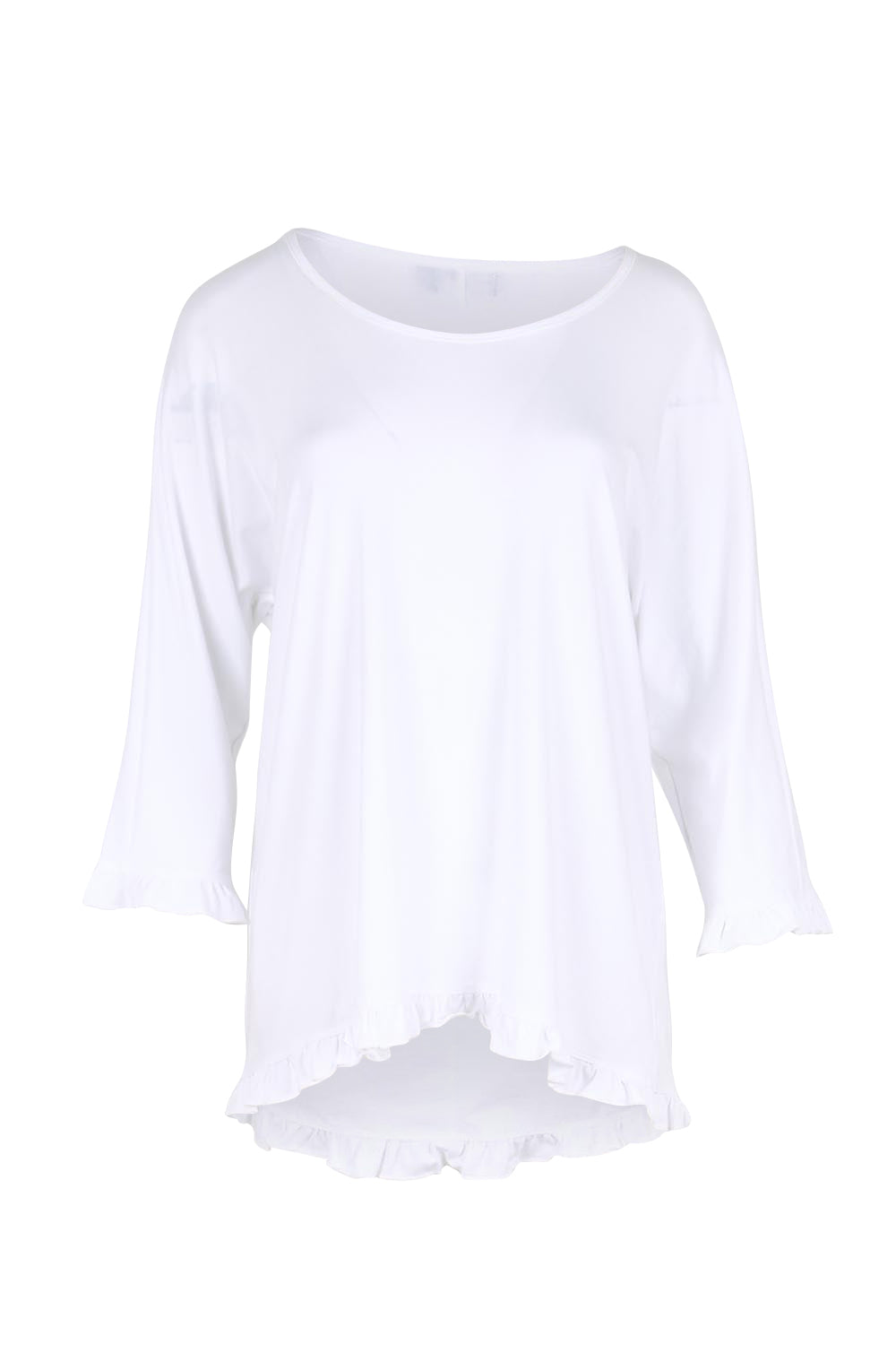 Product shot of the Ruffle Top – White in colour White, from the front