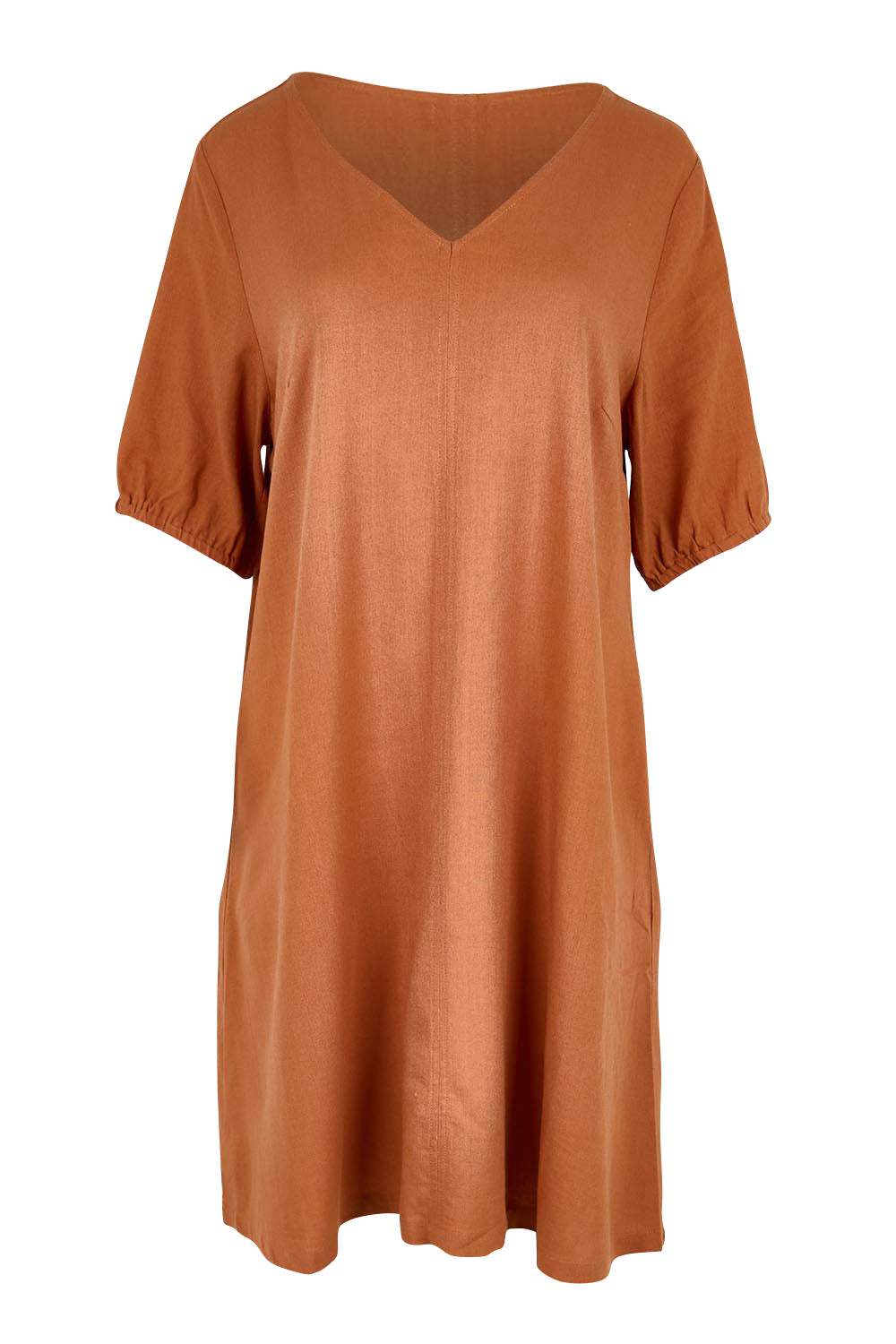 Product shot of the Core Linen V Shift Dress – Cinnamon in colour Cinnamon, from the front