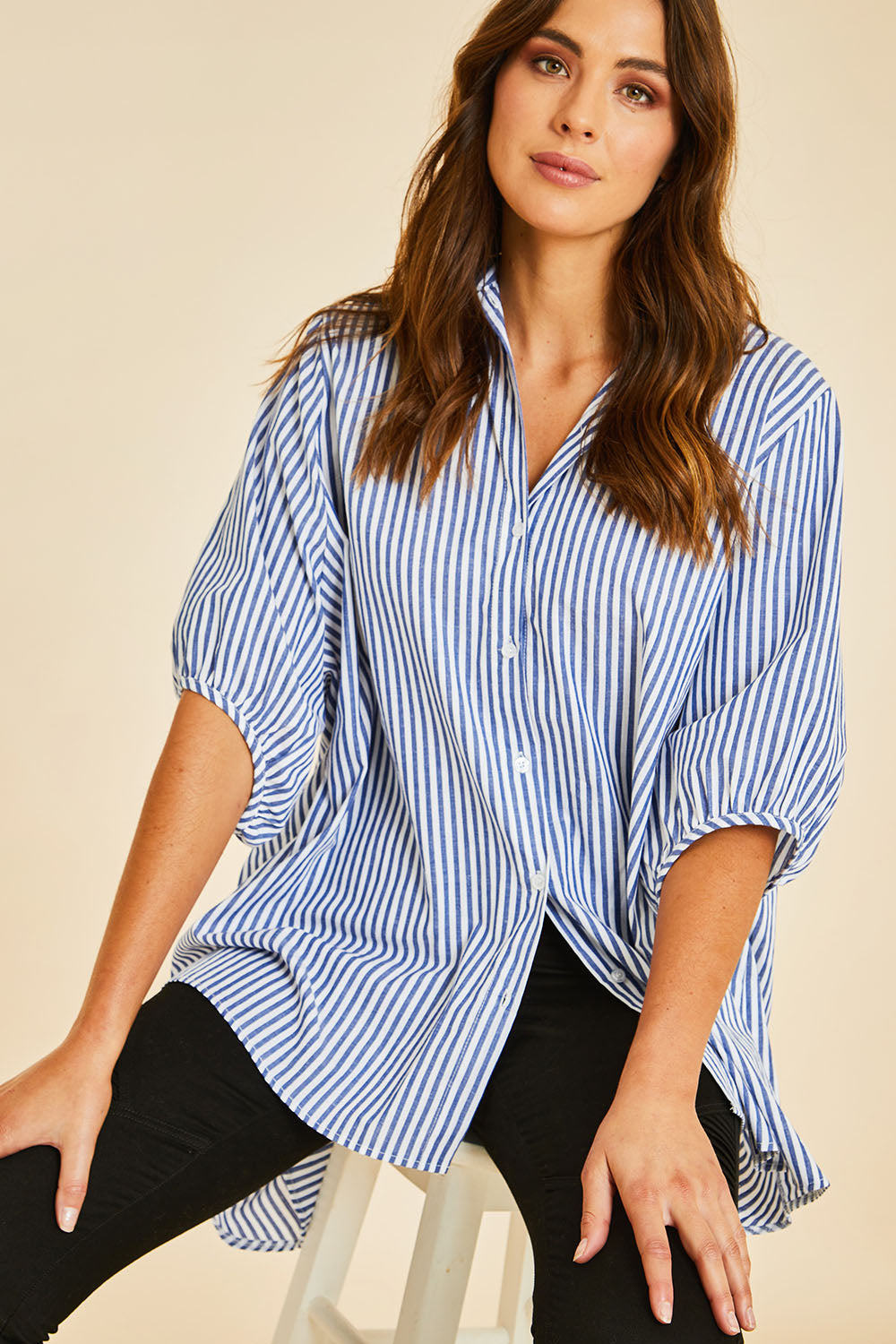 Preloved Oversized Stripe Shirt - Navy